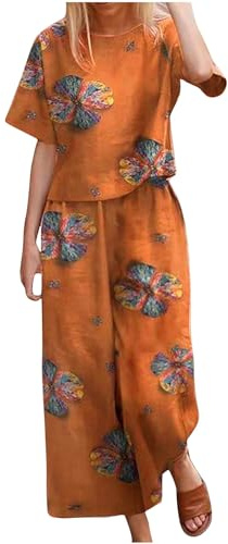 Keepink Summer Tracksuit Womens Full Set 2 Piece Outfits Linen Short Sleeve Top and Wide Leg Palazzo Trousers Soft Boho Printed Suits Loose Fit Co Ord Sets Activewear