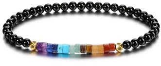 PiercingJak Bracelet 7 Chakras Perles Pierre Naturelle Reglable Bracelet Pierre Précieuse Améthyste Œil de tigre Obsidienne Quartz Rose Femme Fille Bijoux Cadeau Bonheur Anniversaire (Obsidienne)