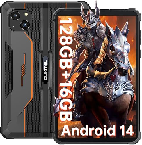 OUKITEL RT3 PRO Rugged Tablet - Android 14, 8 Inch, 128GB+16GB, 5150mAh 10W Charger, IP68 Waterproof Tablet with Sim Card Slot, 16MP+8MP Dual 4G SIM, 5G-WiFi, NFC, OTG, Orange