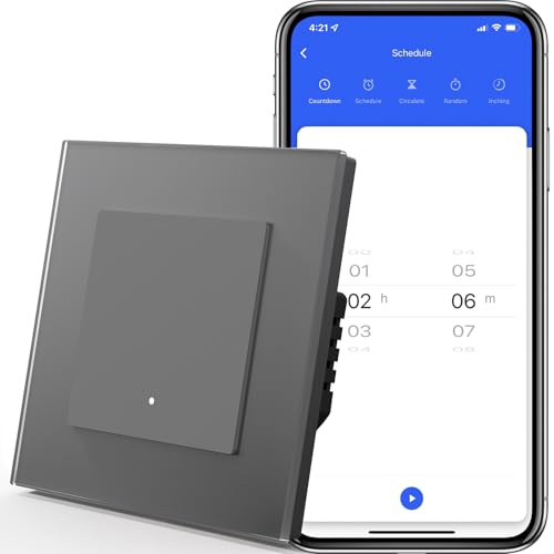 MVAVA Interruptor Inteligente con Clic,WIFI Interruptores de Luz Con Cristal,Compatible con Alexa/Tuya/Smart Life,Requiere Cable Neutro,1 Gang 1 Vía,86mm Gris