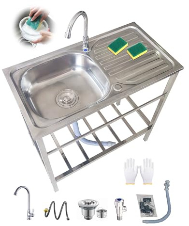 Freistehende Mobile Spüle Ausgussbecken Edelstahl Waschbecken Outdoor Spülbecken Küche mit Wasserhahn & Abtropffläche & Ablageflächen für Patio Wohnung Werkstatt Bauernhaus Spültisch(75x40xH75cm)