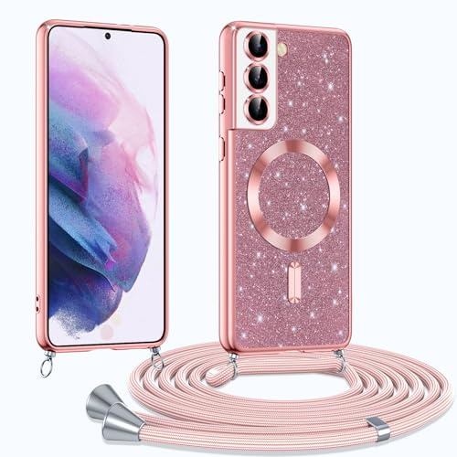Phoona Handyband Hülle für Samsung Galaxy S21 5G mit Band, Glitzer Handyhülle Kompatibel mit MagSafe, Ganzkörperschutz Kratzfeste Stossfest Schutzhülle mit Einstellbar Kette, Rosa
