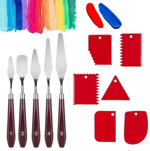 Cfcyhla 11 Stück Palette Messer und Abstreifermesser Malwerkzeug Set, 5 Palette Messer+6 AbstreifermesserAcryl Spachtel Kunstlerbedarf zum Olgemalde,Edelstahl Acryl Spachtel zum Ölgemälde, Gouache,