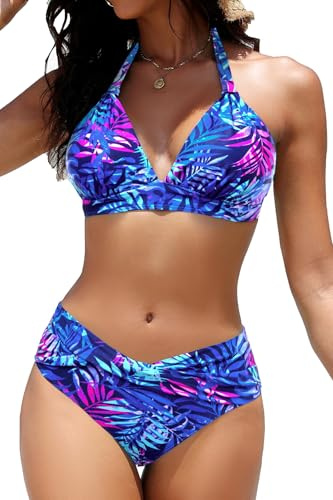 Yonique Women Two Piece Bathing Suits Push Up Bikini Set Halter Swimsuit Vintage Swimwear Purple Blue Leaves M