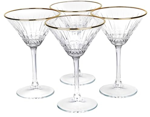 Queensway Home & Dining Long Stemmed Martini Cocktail Glasses, 220ml with Delicate Gold Rim, Elegant Clear Glass for All Occasions, Gift-Boxed, Set of 4