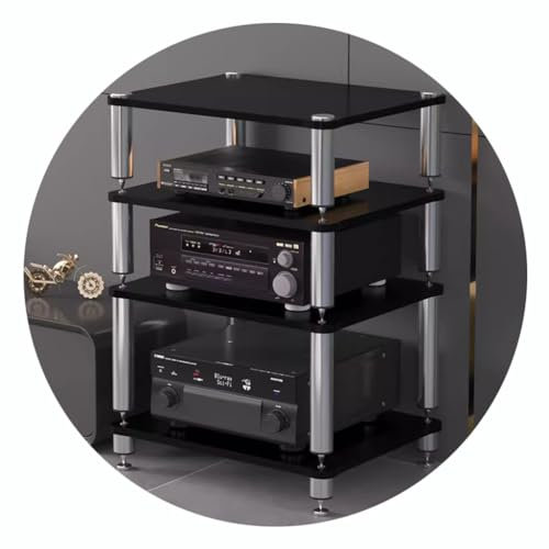 AV-Regal mit 4 Ebenen, AV-Regal mit stoßdämpfenden Füßen, Schwarz, 60 x 48 x 80 cm, Audio-Video-Ständer für Plattenspieler und Geräte