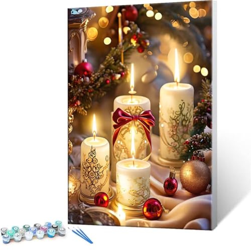 Malen Nach Zahlen Erwachsene - DIY Weihnachten Kerzen Handgemalt Ölgemälde Kit für Anfänger, Mit 3-Pinseln und Acrylfarbe Handgemalt öLgemäLde Kit Als Heimdekoration 35x50cm (Ohne Rahmen) R-331