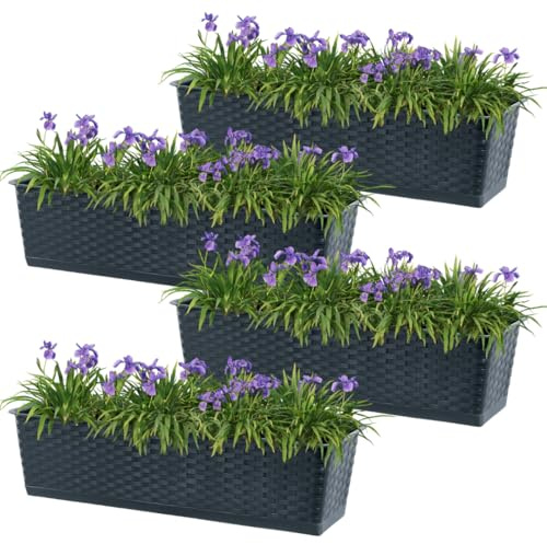 DTU24 4er Set Balkontopf mit Untersatz, Pflanzkasten, Balkonkasten mit Wasser Öffnungen, Blumenkasten für Rosen, Oleander, Rattan Imitation (4 Stück, 50 cm, Anthrazit)