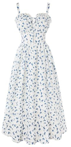 Damen Leicht Chiffonkleid Cottagecore Retro Festlich Sommerkleid Elegant A-Linie Weiß-Blau Blumen Kleid Maxikleid XXL