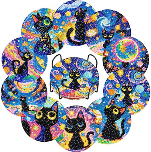 EFNHJF5 10 Stück Diamond painting untersetzer with Holder,Katze Diamant Malerei Untersetzer mit Halter,Diamond Painting zum Basteln,für Anfänger,Geburtstagsgeschenk für Erwachsene&Kinder