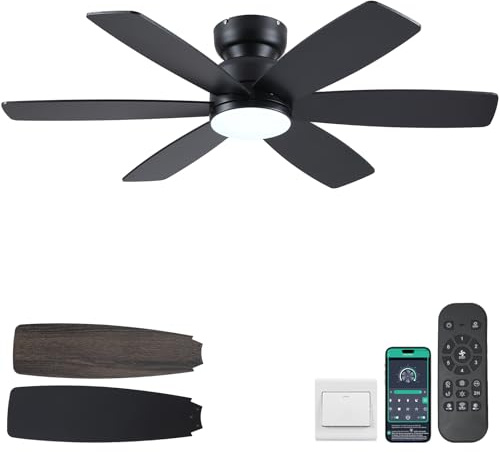 Kviflon 46 Inch Modern Ceiling Fans with Lights Remote/APP Control, Low Profile Ceiling Fan with Light, Flush Mount, 3CCT, 6 Reversible Blades, 6 Speeds, Double Sided for Bedroom Living Room, Black | Low Profile Flush Mount,Reversible Double Sided Wood Blades,6 Speeds,3 CCT Dimmable LED Lights for Bedroom,Black+Brown