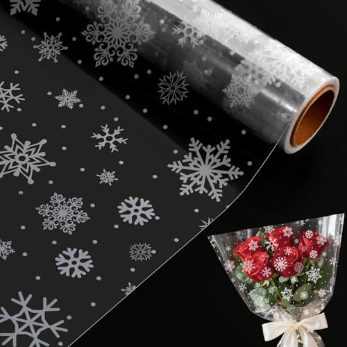 Geschenkfolie Transparent, Schneeflocke Cellophanfolie, 3 Mil Zellophanfolie Rolle, 40CM x 30M Durchsichtiges Geschenkpapier für Weihnachten Geburtstag Blumen Obst