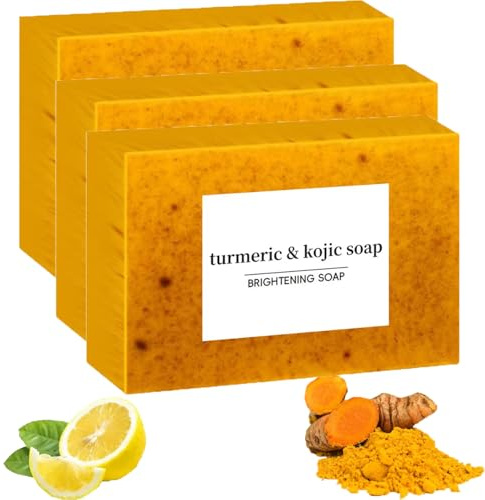 Lot de 3 savons éclaircissants au citron au curcuma et à l'acide kojique, gel douche au curcuma pour femme, pour le visage, pour tous les types de peau