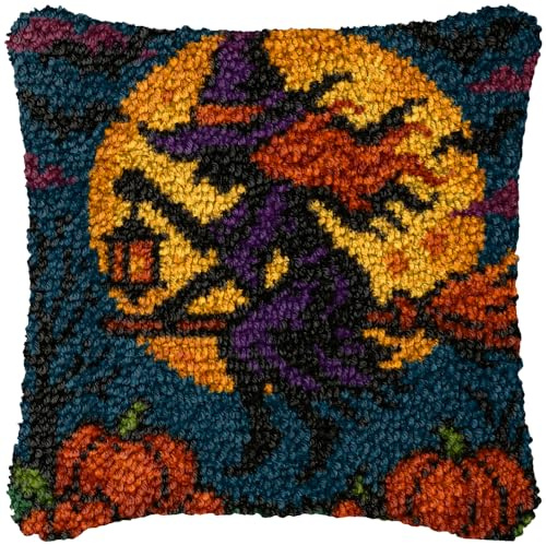 ZUHK 3D DIY Latch Hook Kits -17x17 Inch with Colorful Printed Canvas,Beginners Animals Latch Hook Pillow Kit,fit for Christmas, Halloween,Home Sofa Decoration (g Witch)