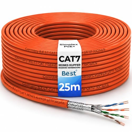 CAT 7 Netzwerkkabel 25m Reines Kupfer LAN Verlegekabel S/FTP 10 Gbit | 100 % reines Kupfer, LAN Kabel, Ethernet Verlegekabel, S/FTP, PoE+, 10 Gbit, Router, Switch, Keystone, Netzwerkdose