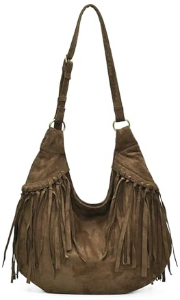 Suede Shoulder Bag for Women Brown Suede Hobo Purse Vintage Y2K Crossbody Purses Crescent Fringe Tote Underarm Handbag (Brown)