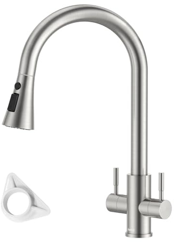 DAYONE Pull-Out Kitchen Tap, Dual Lever Sink Mixer, 360° Swivel High Arc Sink Mixer Taps with 3 Spray Modes, Brushed SUS304 Stainless Steel 2 Handle Kitchen Faucet, G1/2