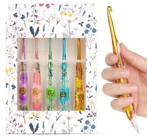 Aeelike Crochet Hooks Set, Metal Crochet Hooks with Floral Resin Handle | 5 Sizes 3mm 3.5mm 4mm 5mm 6mm, Coloured Aluminium Crochet Hooks for Arthritic Hands, Crochet Needles Set for Beginners Adults