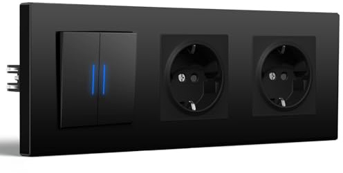 BSEED Lichtschalter mit Doppelt Steckdose, 2 Fach 1 Weg Schalter Unterputz mit Krallen, Modern Wandschalter mit LED Kontrollleuchte, Matt PC Rahmen, 228 * 86mm, Schwarz