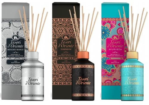 Tesori d'Oriente rumsdoftset 3 × hamam, muschio Bianco, Ayurveda) – aromatisk reed diffuser med pinnar – långvarig doft för hem, sovrum, badrum och vardagsrum Veltao