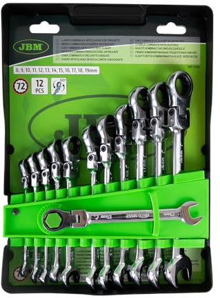 Partenopea Set 12 chiavi combinate articolate con cricchetto JBM 51318 – misure 8-19 mm, testa snodata 180°, cricchetto 72 denti, utensili officina