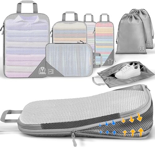 8-Teiliges Compression Packing Cubes Set: Leichter Koffer Organizer Kompressions Packwürfel Packtaschen für mehr Platz - Für Backpack, Camping Zubehör, Rucksack & Wander Ausrüstung Organizer Grau
