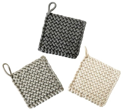Presine da Cucina Quadrate 3 Pezzi in Cotone Boho | Tessitura Artigianale, Texture Antiscivolo e Resistenti al Calore, Adatte per Buffet e Feste