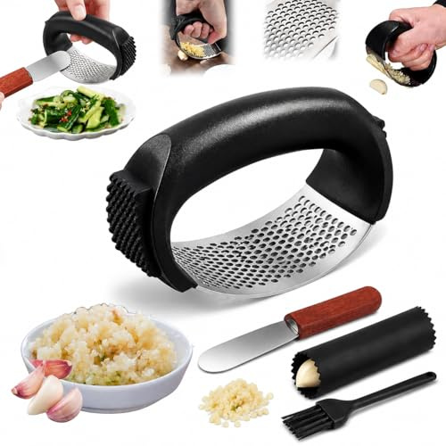 Knoblauchpresse, 1 Set Edelstahl Knoblauchpresse Mit Schneider, Schaber Und Reinigungsbürste, Knoblauchpresse Edelstahl, Garlic Press, Multifunktional Für Küche, Schnell Und Einfach Zu Reinigen