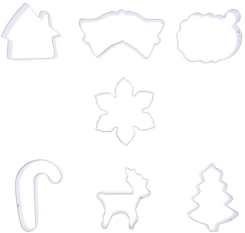 EXAOMBLE Juego de Cortadores de Galletas Navideños de Acero Inoxidable 7 Piezas Formas de Muñeco Invernal, Árbol, Campana y Bastón para Fiestas y Hornear