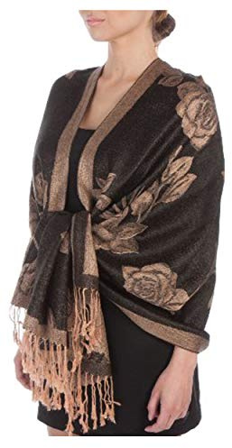 Sakkas Lightweight Two Tone Rose Floral Design Pashmina Feel Fringe Scarf/Stole/Wrap, One Size, Black / Beige