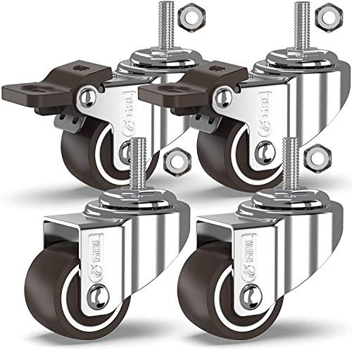 GBL Heavy Duty Castor Wheels with 2 Brakes + Screws - 25mm M8x20mm up to 40KG - Pack of 4 No Floor Marks Silent Caster for Furniture - Small Rubbered Trolley Wheels - Silver Castors