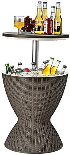 COSTWAY 3-in-1 Tavolino Frigo 30L da Esterno, Secchiello Ghiaccio Regolabile in Altezza Ø 48 x 57,5-82H cm, Tavolo Bar Portaghiaccio in Effetto Rattan da Piscina, Cortile e Campeggio (Marrone)