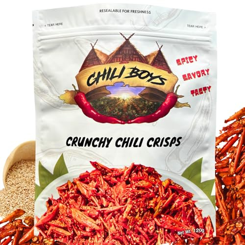 Chili Boys Spicy Crunchy Chili Crisps with Sesame Seeds | Crispy Fried Chili Snack and Food Topper | Vegan | Gourmet Savory Pepper Chips | Ready to Eat | Resealable Bag | 120g
