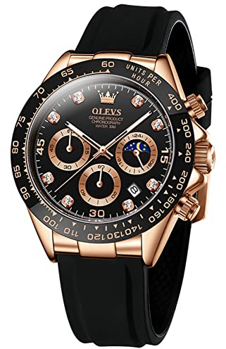 OLEVS Men Black Analog Quartz Waterproof Watches Multifunction Chronograph Diamond Moon Phase Luminous Silicone Band Wrist Watches