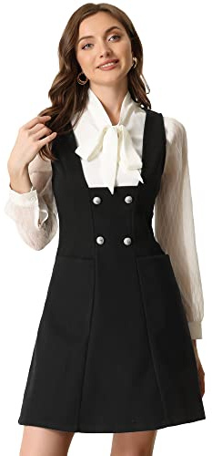 Allegra K Women Vintage Double Breasted A-Line Pinafore Dress Overalls