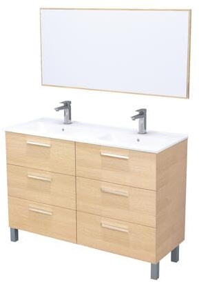 ONDÉE Meuble à Poser Collection Pallas mélaminé Chêne Clair Plan céramique | Tiroirs à fermeture progressive, Miroir assorti inclus, Largeur 120cm, double vasque extra plat 18mm, finition soignée