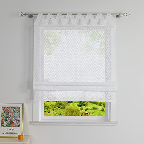 Heichkell Raffrollo Transparent Vorhang mit Karo Vintage Landhaus Raffgardine Jacquard Gardine Weiß mit V-Schlaufen BreitexHöhe 140x140 cm