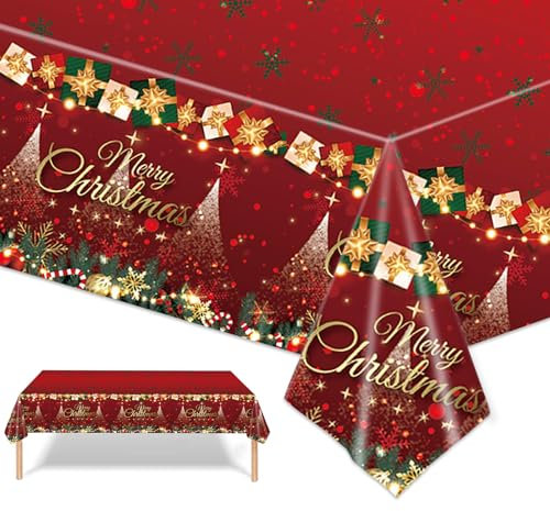POPOYU Nappe de Noël Anti-Taches Rouge Nappes Imperméable avec Joyeux Noël Rectangle 137 * 274CM Décoration de Table pour Noël Party Anniversaire Nouvel an Fêtes de Fin d’année Cuisine Buffet