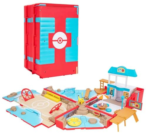Jazwares Pokémon Carry Case Beach Battle Playset - Portable Transforming Backpack Playset with Action Features and 2-inch Pikachu Battle Figure