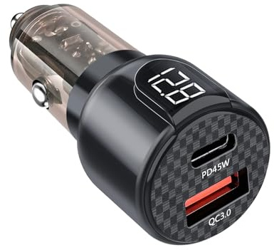 Giantdeer Adattatore Accendisigari USB, Caricabatteria USB con Voltmetro LED 75W, 2 Porte USB PD45W+USB30W Adattatore per Accendisigari USB, Adattatore USB C da Auto 12V/24V per Telefoni Tablet