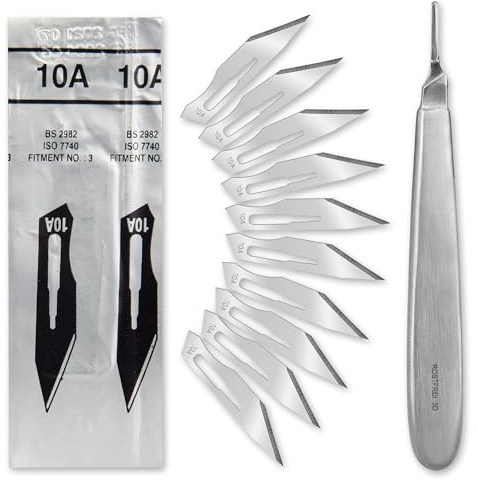 Set - 10 Stück sterile Skalpellklingen Figur 10A aus Karbonstahl - Ersatzklingen einzeln steril verpackt + 1 x Shehadeh - Skalpell-Halter mit 13,5 cm langem und bauchigen Griff - Edelstahl