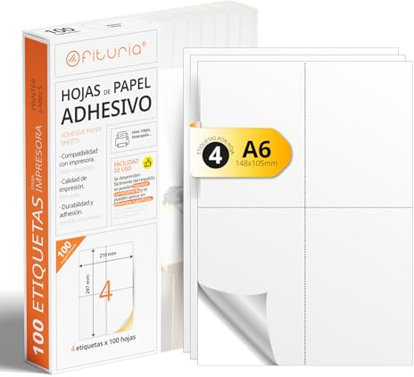 A4-Bögen mit weißen selbstklebenden Etiketten, Erstellen Sie Ihre eigenen individuellen, Sicherer selbstklebender A4-Papier, Selbstklebendes Etikett zum Bedrucken - Ofituria (4 pro Blatt, 100 Bögen)
