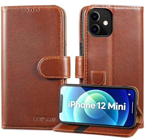 LENSUN Echtleder Handyhülle für iPhone 12 Mini, Dunkelbraun | Echtes Leder Hülle, Standfunktion, Magnetverschluss Handytasche, Flip Lederhülle, Schutzhülle