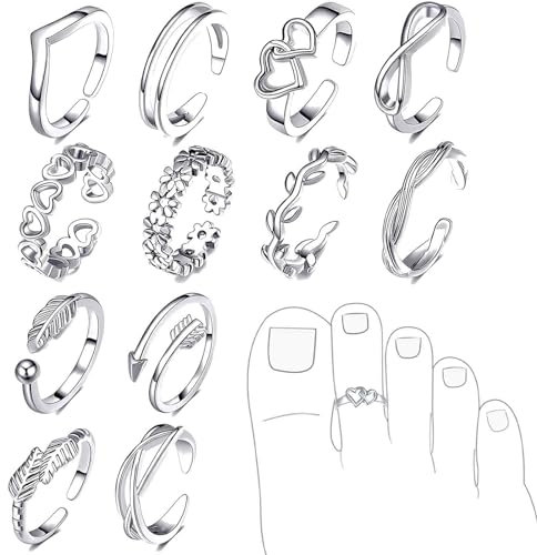 VURYAPI 12 Stück Zehenringe aus 925er Sterlingsilber für Damen, offene, verstellbare Bandringe, Schmuckset