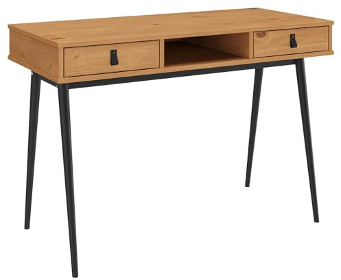 IDIMEX Schreibtisch Kim mit 2 Schubladen aus Massivholz, Eiche Farben/schwarz - Home-Office Tisch mit offenem Fach, Bürotisch mit 2 Schubladen und Ledergriffen