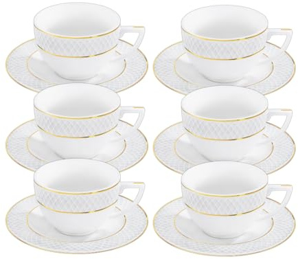 Wilmax - Tassen mit Untertassen - Goldmuster - 6er-Set - 90 ml - Kaffeetassen aus Porzellan - Weiß - Geschirrset für 6 Personen - Tassenset für Kaffee, Tee, Desserts - Kaffeeservice