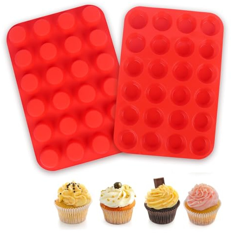 Minicoco 2 Pack Mini Muffin Pan 24 Cups Muffin Pan Non Stick Cupcake Tray Muffin Tin for Baking Cakes Tarts Chocolate Bread Muffin Moulds (Red)