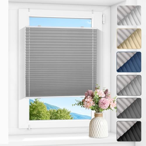 Zarnan Plissee ohne Bohren Verdunkelung Thermo Plissee Klemmfix Grau B65 x H80 cm(BxH) plisseerollo Klemmfix 100% Blickdicht Jalousien for für Fenster innen Sichtschutz