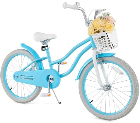 HONEY JOY Kids Bike, 20 Inch Blue Toddler Bikes w/Kickstand, Handbrake & Coaster Brake, Fully Enclosed Chain, Adjustable Handlebar & Seat, Kids Bicycle w/Basket, Girls Boys Bike 8+