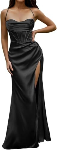 LLECDASEUI Donna Sexy Corsetto Spaghetti con cinturino Vestito maxi Elegante In raso Abiti da sera Taglio basso Spacco alla coscia A lisca di pesce Abiti lunghi (S,Nero)